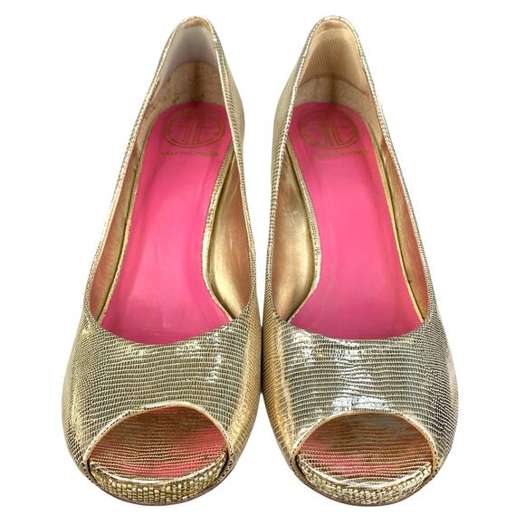 Lilly Pulitzer Women’s Resort Gold Open Toe Wedge Size US 9.5 - Picture 7 of 11